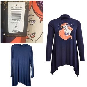 Torrid NWT Blue Mock Neck L/S Top Disney Little Mermaid Ariel Pearls Plus 4X/26